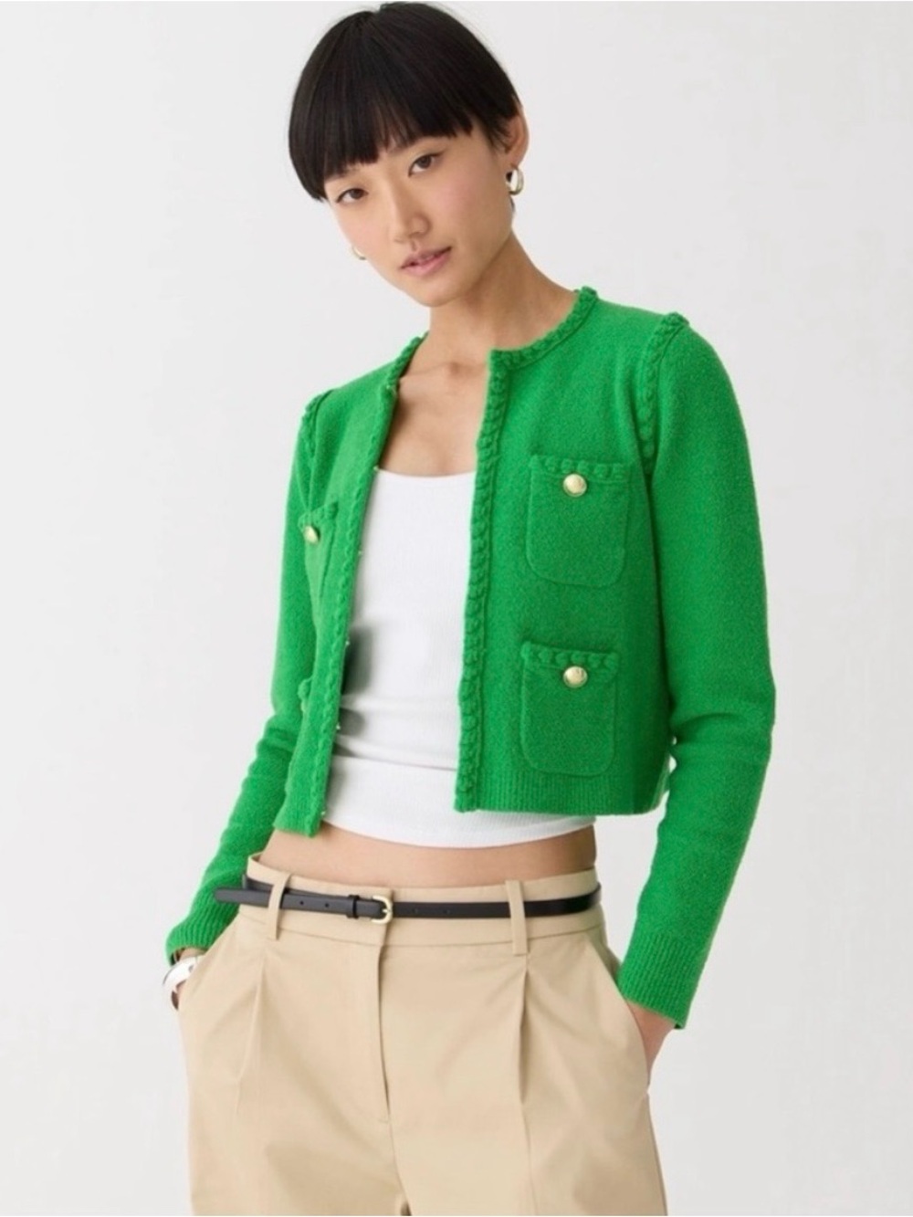 NWT J. Crew Odette sweater lady jacket in cotton-blend bouclé size medium Green